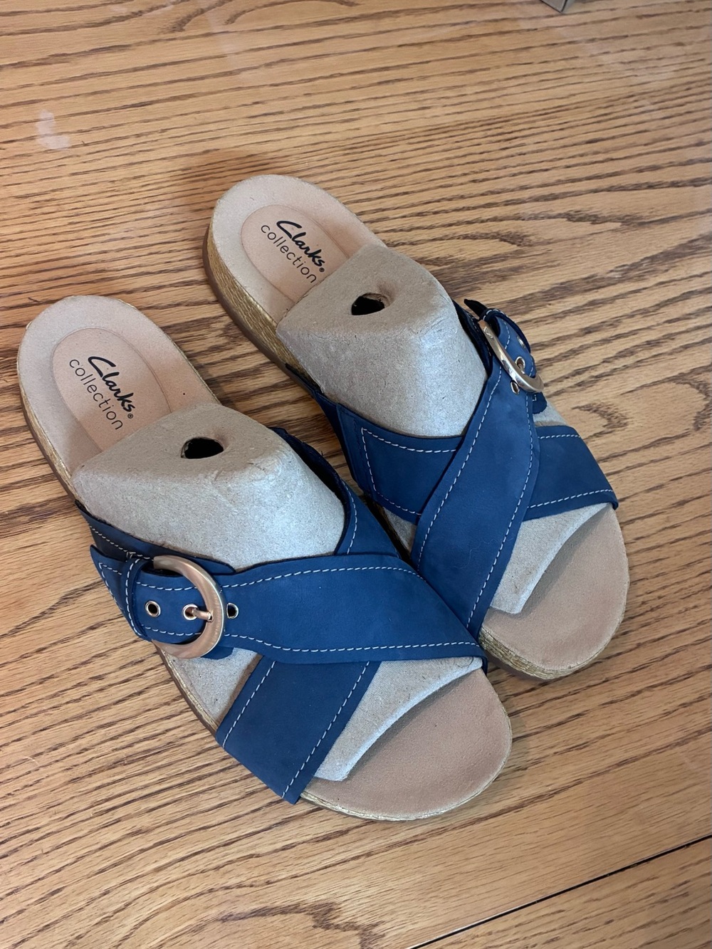Clarks Blue Leather Crossover Buckle Slide Sandals